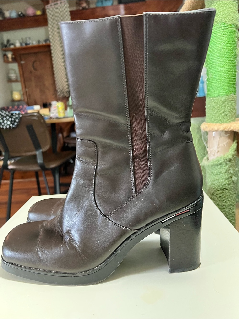 Vintage Tommy Hilfiger brown leather mid calf boot with 3” heels 1” platform 9.5